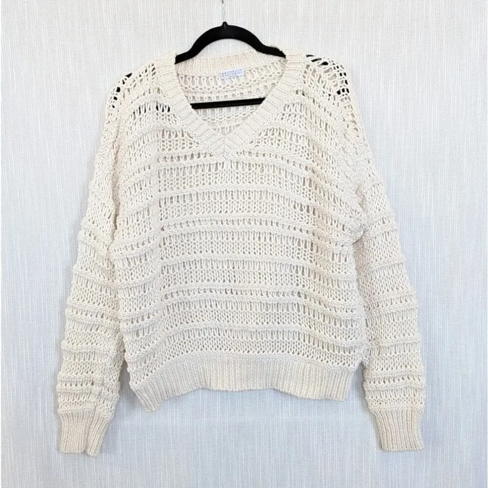 Brunello Cucinelli Textured Open Knit Sweater Womens M Cream Cotton V-neck